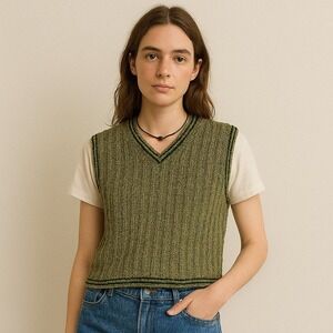 Vintage Y2K Cousin Johnny Knit Sweater Vest L Green Ribbed Chenille Preppy Retro